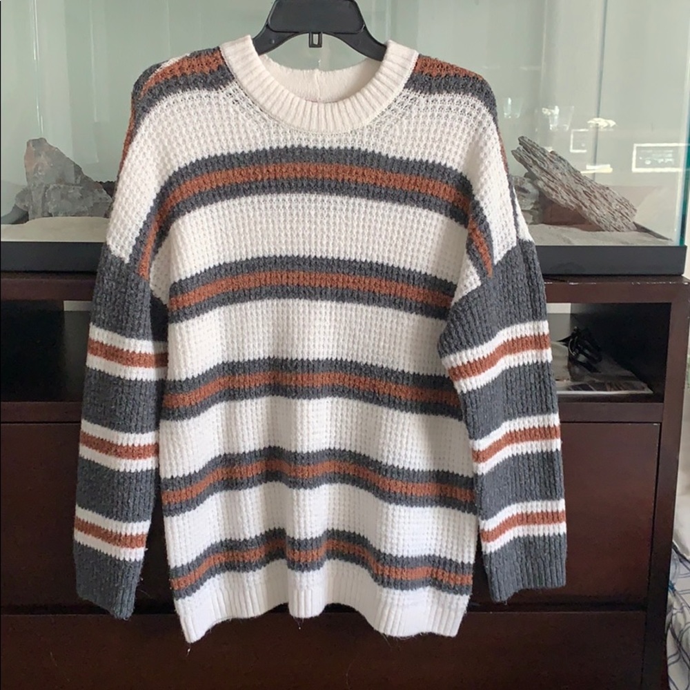 White, gray, and brown striped sweater